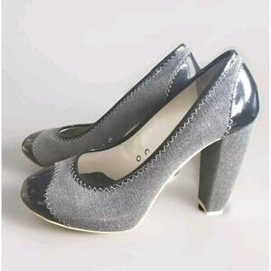 Theory Heels Women's Size 9 Gray Black  Patent Leather Canvas Whip Stich Cap Toe